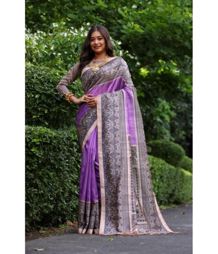 Generic Women's Faux_Tussar Ethnic_Print Saree With Unstitched Blouse 5.5Mtr (Purple)