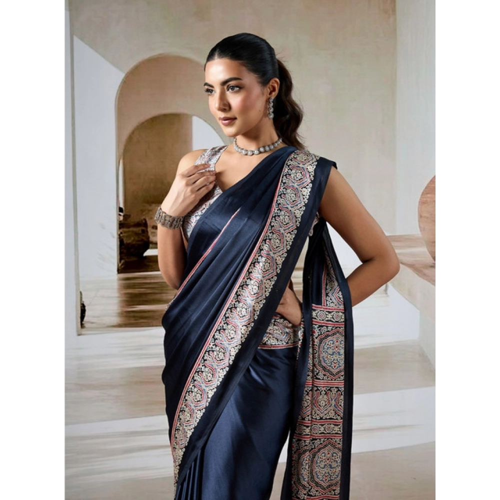 Generic Women's Satin Crepe Printed Saree With Unstitched Blouse 5.5Mtr (Navy Blue)