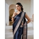 Generic Women's Satin Crepe Printed Saree With Unstitched Blouse 5.5Mtr (Navy Blue)