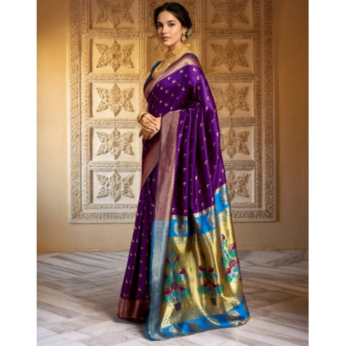 Women's Silk Blend Zari Woven Saree With Unstitched Blouse 5.5Mtr (Purple)