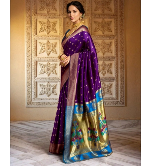 Generic Women's Silk Blend Zari Woven Saree With Unstitched Blouse 5.5Mtr (Purple)