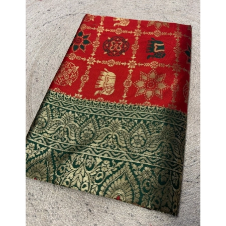 Generic Women's Jacquard Printed Saree With Unstitched Blouse 5.5Mtr (Red)