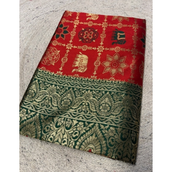 Generic Women's Jacquard Printed Saree With Unstitched Blouse 5.5Mtr (Red)