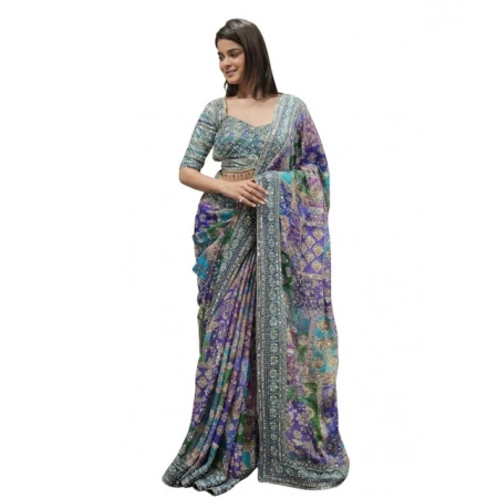 Generic Women's Chiffon Embellished Saree With Unstitched Blouse 5.5Mtr (Multicolor)