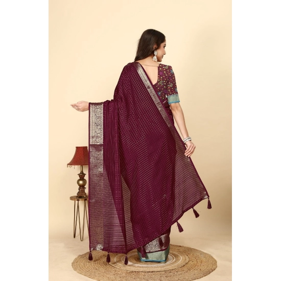 Generic Women's Cotton Blend Checkered Saree With Unstitched Blouse 5.5Mtr (Maroon)