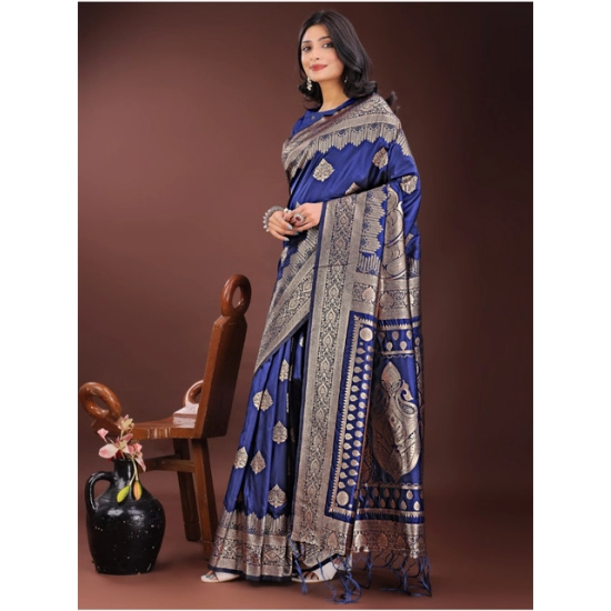 Generic Women's Silk Printed Saree With Unstitched Blouse 5.5Mtr (Navy Blue)