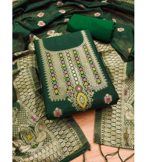 Generic Women's Banarasi Silk Printed Unstitched Salwar Suit Material With Dupatta (Bottle Green, 3Mtrs)