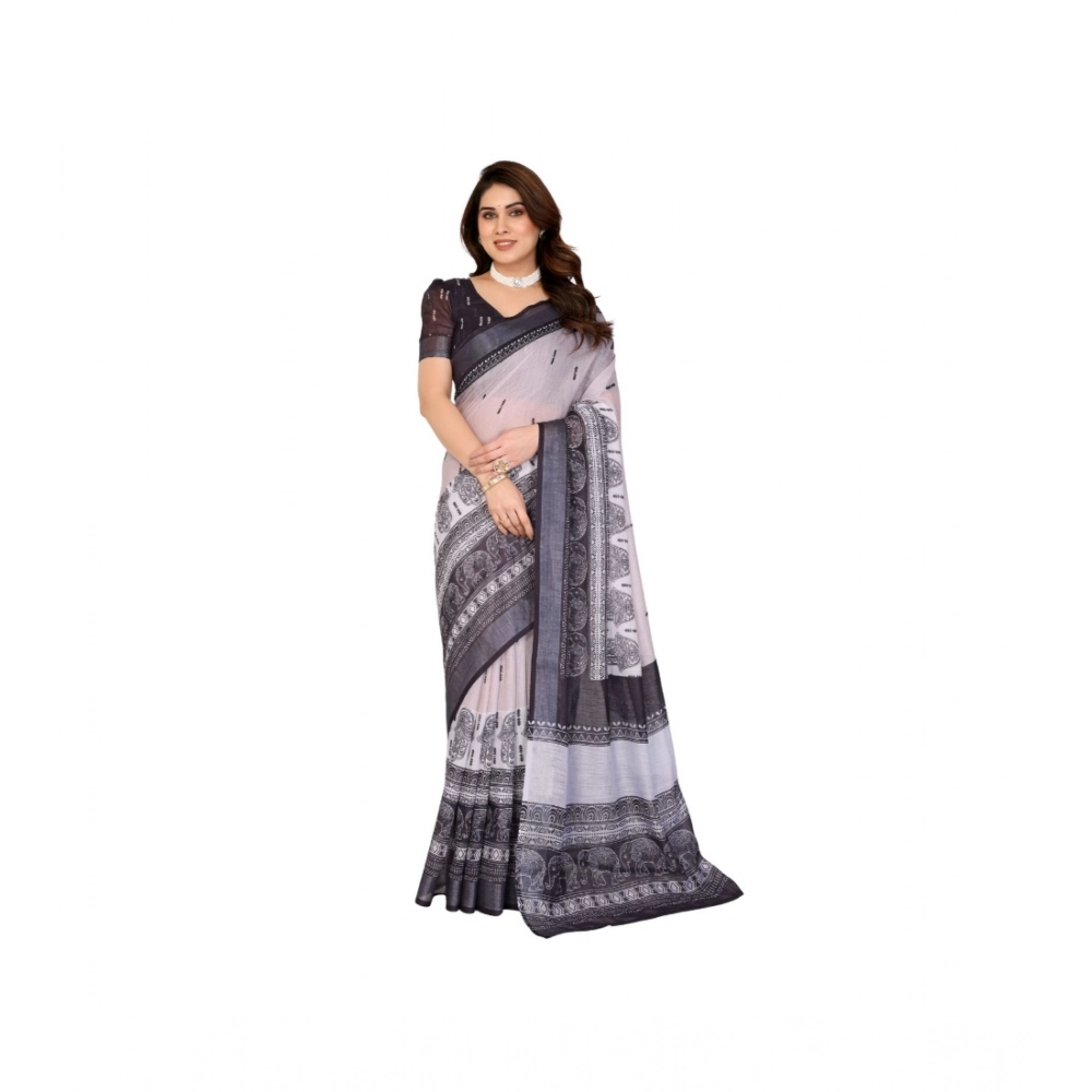 Generic Women's Linen Cotton Printed Saree With Unstitched Blouse 5.5Mtr (White & Black) Generic Women's Linen Cotton Printed Saree With Unstitched Blouse 5.5Mtr (White & Black)
