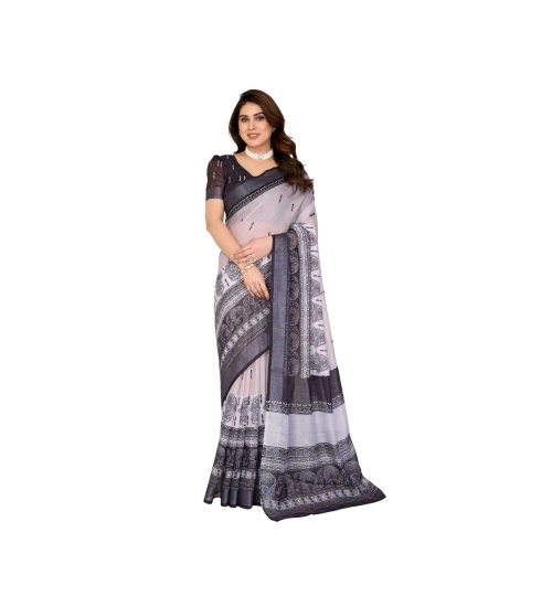 Generic Women's Linen Cotton  Printed Saree With Unstitched Blouse 5.5Mtr (White &amp; Black)