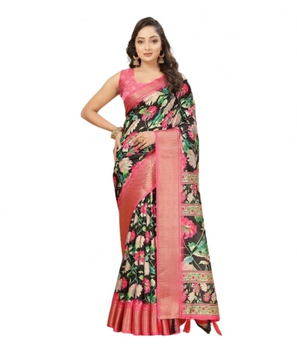 Generic Women's Cotton Silk Floral Printed Saree With Unstitched Blouse 5.5Mtr (Black)