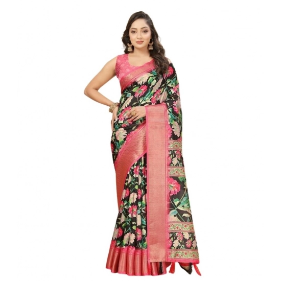 Generic Women's Cotton Silk Floral Printed Saree With Unstitched Blouse 5.5Mtr (Black)