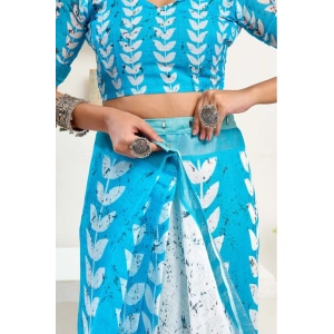 Generic Women's Faux Linen Leaf Print Ready to wear Saree With Unstitched Blouse 5.5Mtr (SkyBlue &amp; White)