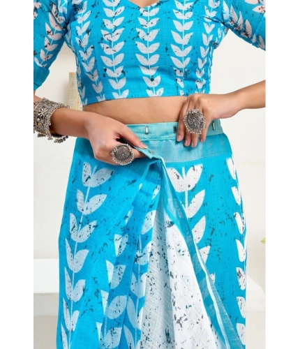 Generic Women's Faux Linen Leaf Print Ready to wear Saree With Unstitched Blouse 5.5Mtr (SkyBlue &amp; White)