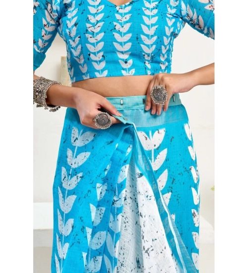 Generic Women's Faux Linen Leaf Print Ready to wear Saree With Unstitched Blouse 5.5Mtr (SkyBlue &amp; White)