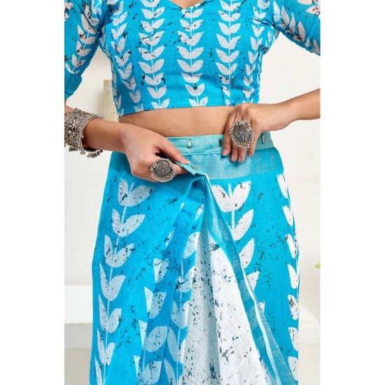 Generic Women's Faux Linen Leaf Print Ready to wear Saree With Unstitched Blouse 5.5Mtr (SkyBlue & White) Generic Women's Faux Linen Leaf Print Ready to wear Saree With Unstitched Blouse 5.5Mtr (SkyBlue & White)