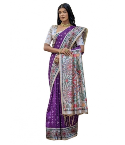 Generic Women's Faux_Tussar Geometric_Print Saree With Unstitched Blouse 5.5Mtr (Purple)