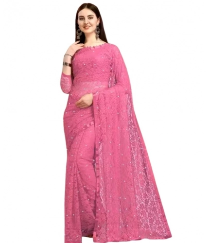 Generic Women's Net Self Design Saree With Unstitched Blouse 5.5Mtr (Dark Pink)