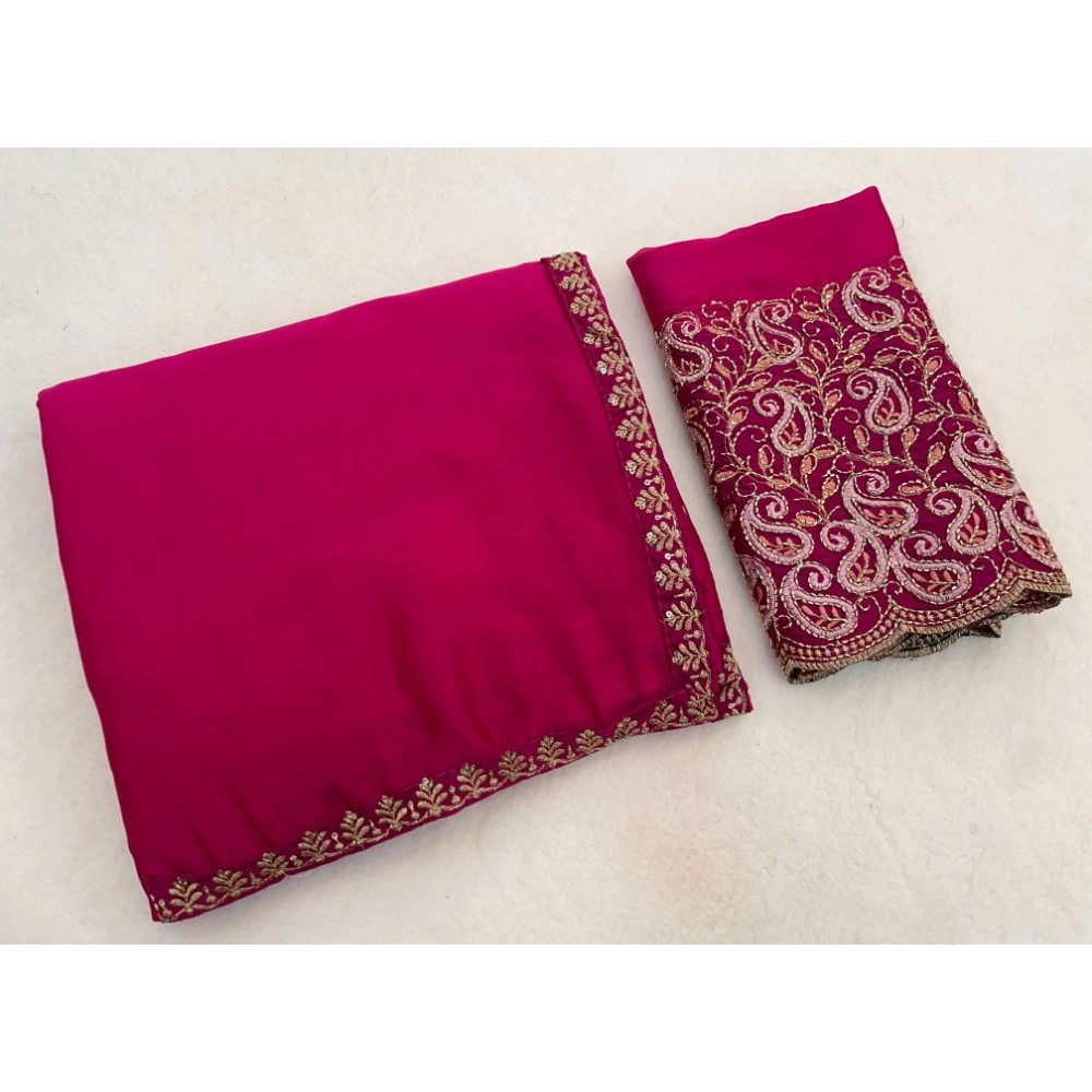 Generic Women's Chiffon Embroidered Saree With Unstitched Blouse 5.5Mtr�(Magenta)