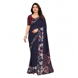 Generic Women's Georgette Printed Saree With Unstitched Blouse 5.5Mtr (Navy Blue)