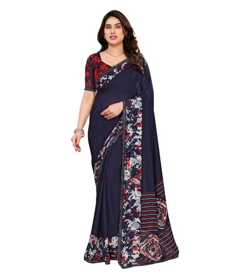 Generic Women's Georgette Printed Saree With Unstitched Blouse 5.5Mtr (Navy Blue)