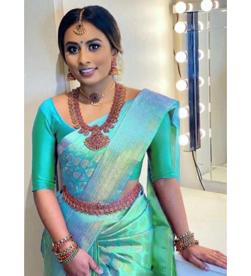 Generic Women's Litchi silk Printed Saree With Unstitched Blouse (Green)