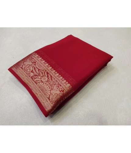Generic Women's Crepe Chit Pallu Solid Saree With Unstitched Blouse 5.5Mtr (Red)