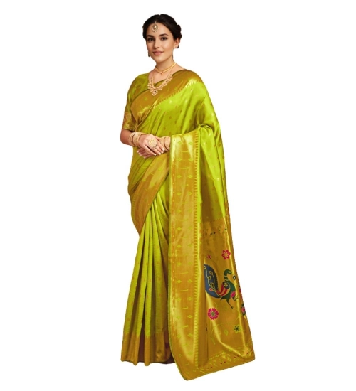 Generic Women's Silk Blend Zari Weaving Saree With Unstitched Blouse 5.5Mtr (Lime-Green)