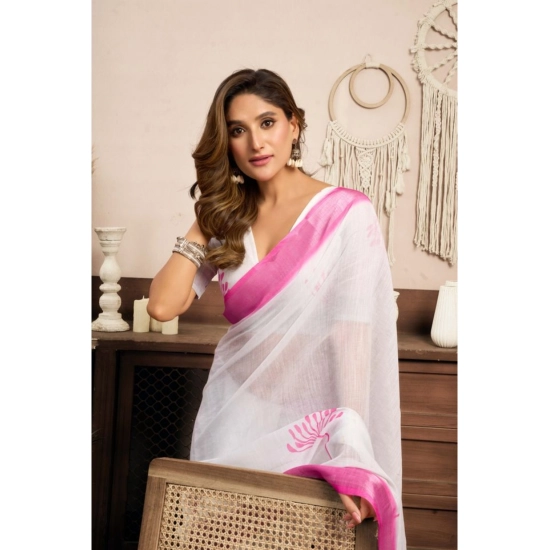 Generic Women's Linen Cotton Printed Ready To Wear Saree With Unstitched Blouse 5.5 Mtr (Light_White)