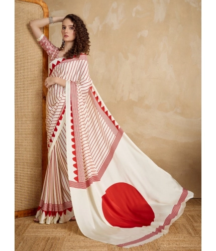 Generic Women's Satin Crepe Printed Saree With Unstitched Blouse 5.5Mtr (Off White)