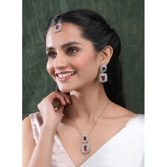 Generic Women's Brass Silver Plated Pendant Set (Red) Generic Women's Brass Silver Plated Pendant Set (Red)