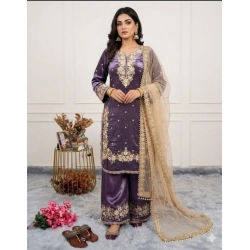 Generic Women's Silk Embroidered 3/4th Sleeve Round Kurti With Palazzo Pant and Dupatta Set (Purple)