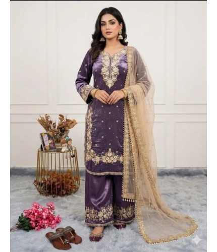 Generic Women's Silk Embroidered 3/4th Sleeve Round Kurti With Palazzo Pant and Dupatta Set (Purple)