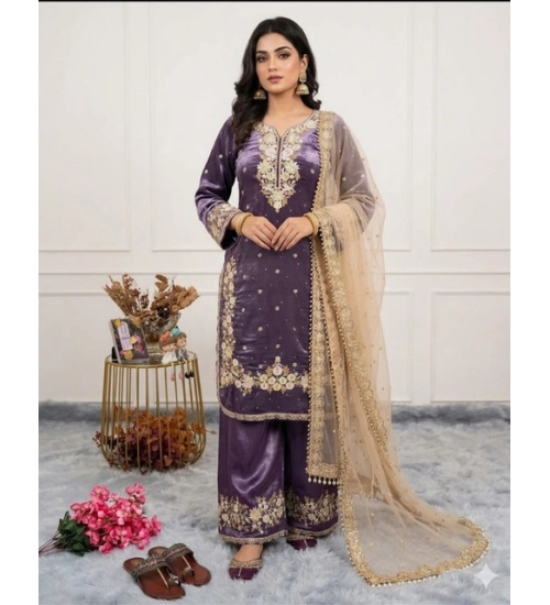 Generic Women's Silk Embroidered 3/4th Sleeve Round Kurti With Palazzo Pant and Dupatta Set (Purple) Generic Women's Silk Embroidered 3/4th Sleeve Round Kurti With Palazzo Pant and Dupatta Set (Purple)