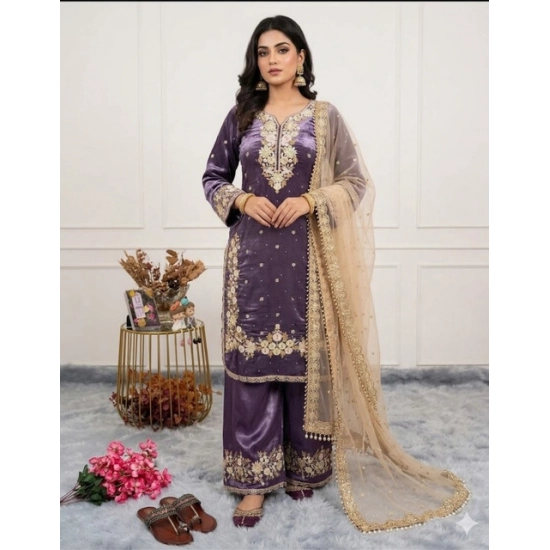 Generic Women's Silk Embroidered 3/4th Sleeve Round Kurti With Palazzo Pant and Dupatta Set (Purple) Generic Women's Silk Embroidered 3/4th Sleeve Round Kurti With Palazzo Pant and Dupatta Set (Purple)