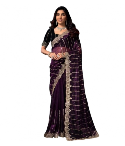 Generic Women's Net Sequence Saree With Unstitched Blouse 5.5Mtr (Wine)