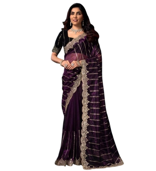 Generic Women's Net Sequence Saree With Unstitched Blouse 5.5Mtr (Wine)