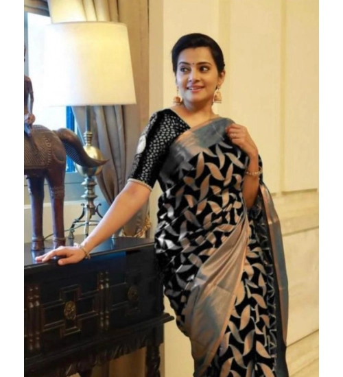 Generic Women's Litchi silk Printed Saree With Unstitched Blouse (Black)