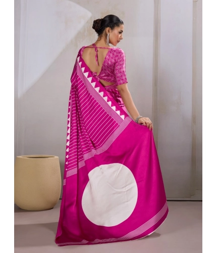 Generic Women's Satin Crepe Printed Saree With Unstitched Blouse 5.5Mtr (Pink)