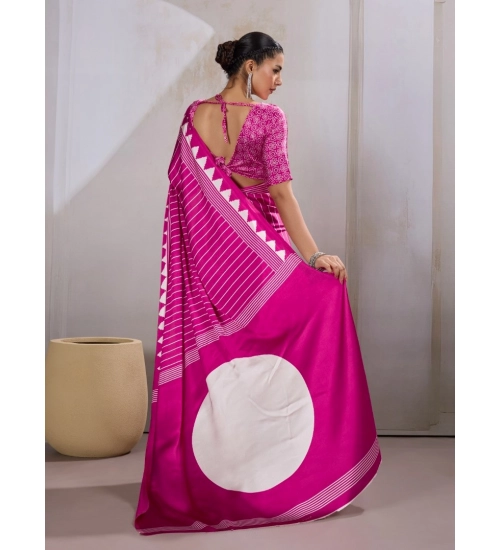 Generic Women's Satin Crepe Printed Saree With Unstitched Blouse 5.5Mtr (Pink)