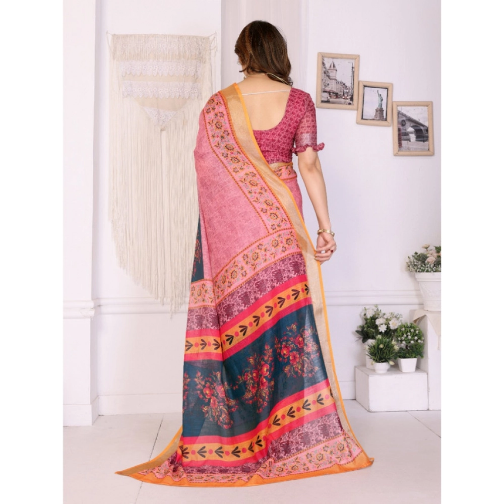 Generic Women's Linen Cotton Printed Saree With Unstitched Blouse 5.5Mtr (Pink) Generic Women's Linen Cotton Printed Saree With Unstitched Blouse 5.5Mtr (Pink)