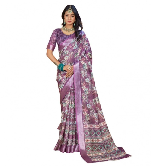 Generic Women's Printed Cotton Linen Saree withPrinted  Saree With Unstitched Blouse (Purple, 5-6Mtrs)
