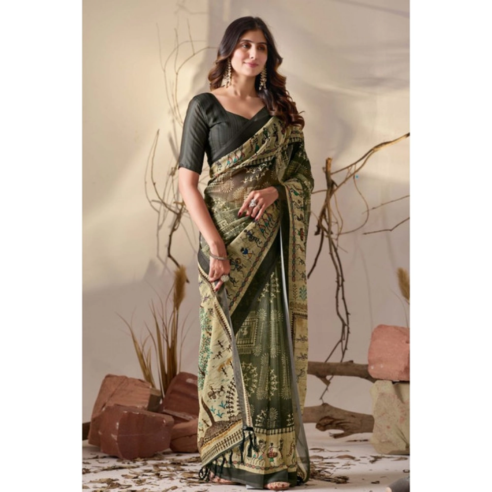 Generic Women's Georgette Printed Saree With Unstitched Blouse 5.5Mtr (Olive)