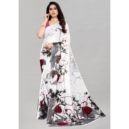 Generic Women's Georgette Printed Saree With Unstitched Blouse 5.5Mtr (White)