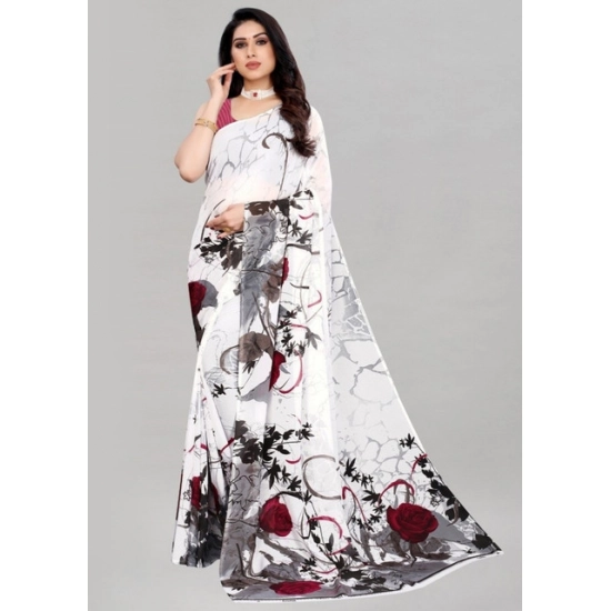 Generic Women's Georgette Printed Saree With Unstitched Blouse 5.5Mtr (White)