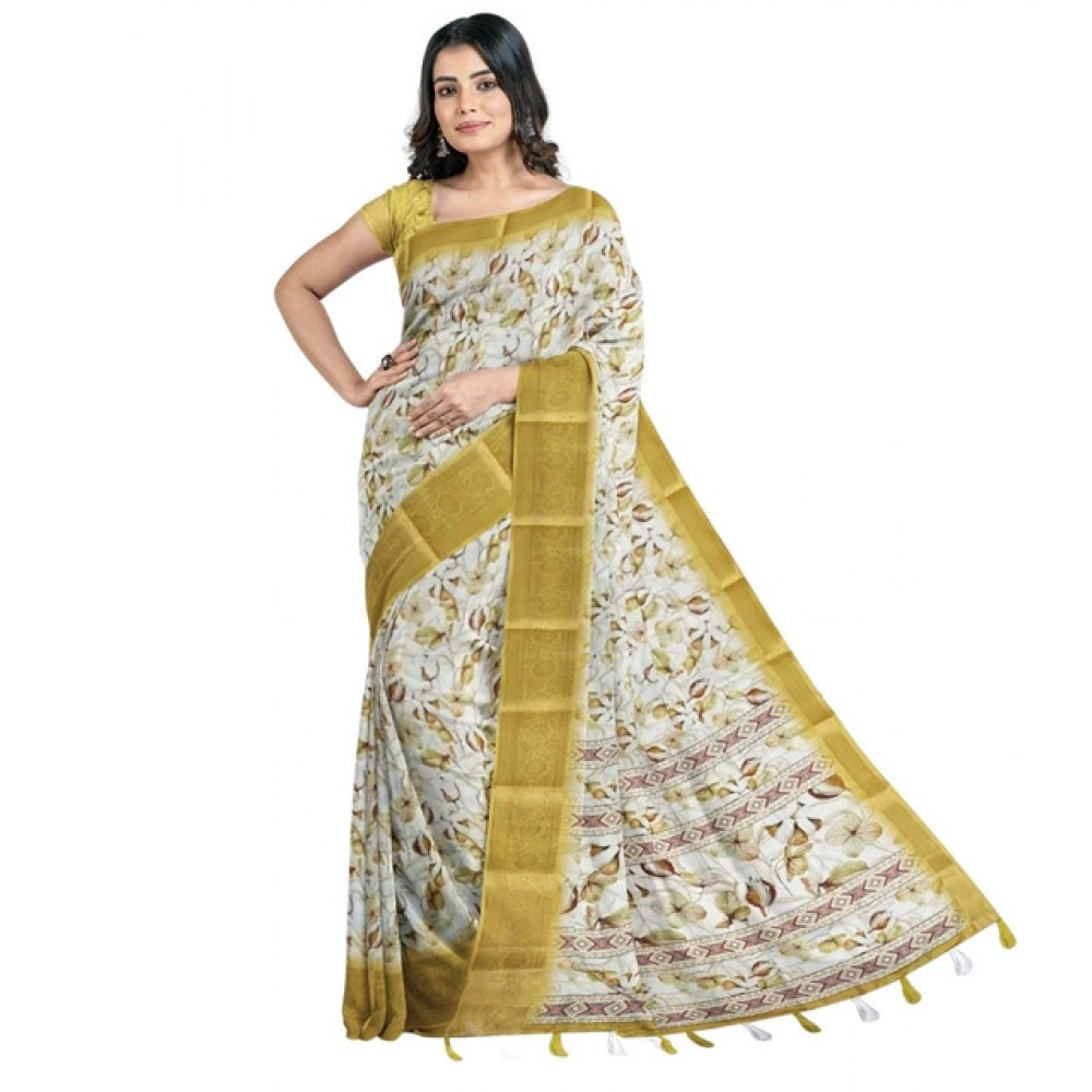 Women's Cotton Blend Floral Printed Saree With Unstitched Blouse 5.5Mtr (Mustard)