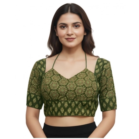 Generic Women's Ajrakh Cotton Printed Sweetheart Padded Blouse (Olive 38 Ready (Self Alterable 36–40)