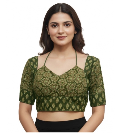 Generic Women's Ajrakh Cotton Printed Sweetheart Padded Blouse (Olive 38 Ready (Self Alterable 36–40)
