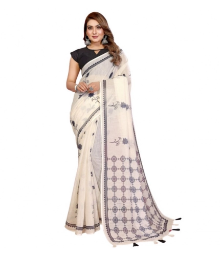 Generic Women's Linen Cotton Printed Saree With Unstitched Blouse 5.5Mtr (Off White)