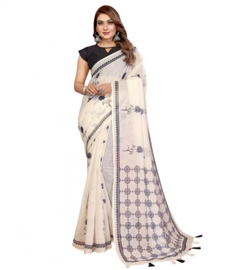 Generic Women's Linen Cotton Printed Saree With Unstitched Blouse 5.5Mtr (Off White) Generic Women's Linen Cotton Printed Saree With Unstitched Blouse 5.5Mtr (Off White)