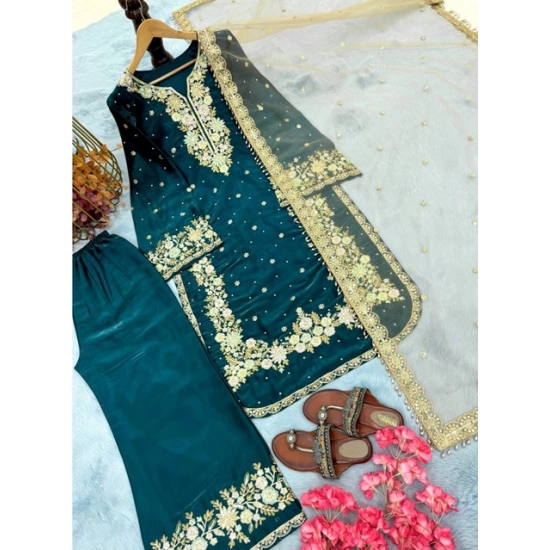 Generic Women's Silk Embroidered 3/4th Sleeve Round Kurti With Palazzo Pant and Dupatta Set (Teal) Generic Women's Silk Embroidered 3/4th Sleeve Round Kurti With Palazzo Pant and Dupatta Set (Teal)